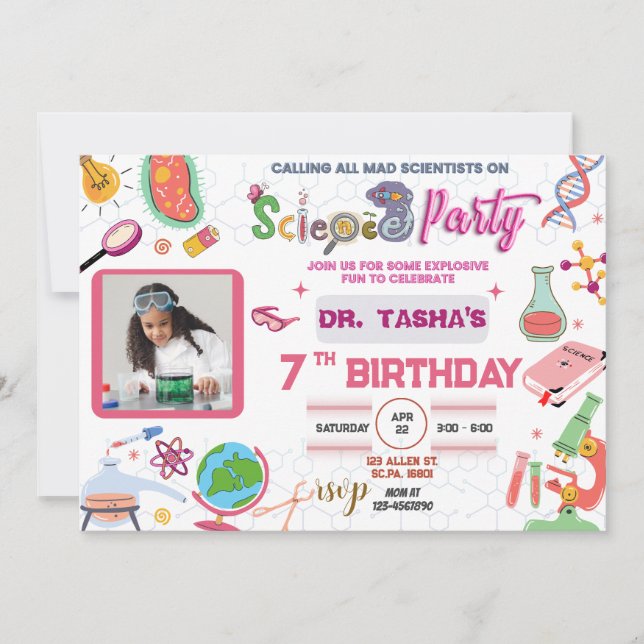 Mad Science Party Birthday Invitation For Girls  (Front)