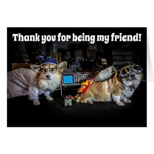 Mad Scientist and Rocketeer Corgi Friendship card (Front Horizontal)