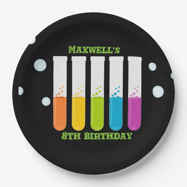 Mad Scientist Colorful Test Tubes Birthday Paper Plates (Front)