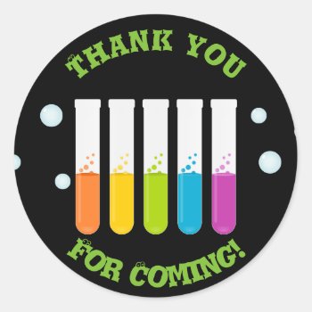 Mad Scientist Colorful Test Tubes Birthday Party Classic Round Sticker by csinvitations at Zazzle