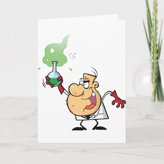 Mad Scientist Holding Bubbling Flask Science Card (Front)
