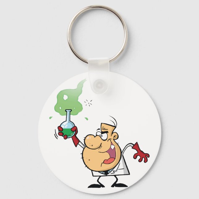 Mad Scientist Holding Bubbling Flask Science Keychain (Front)