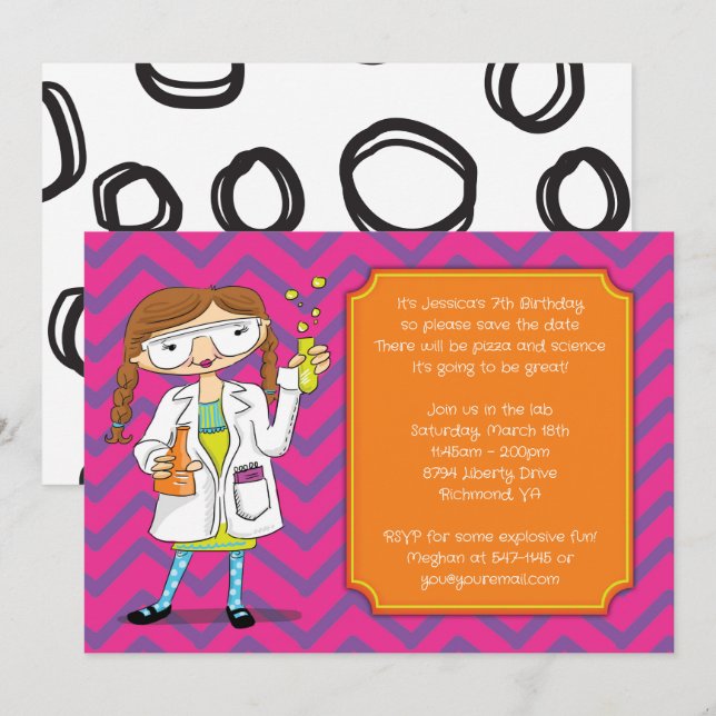 Mad Scientist Invitation : Brunette Girl Potions (Front/Back)