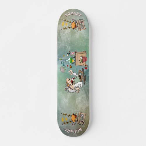 Mad Scientist Laughing In His Lab With Name Skateboard