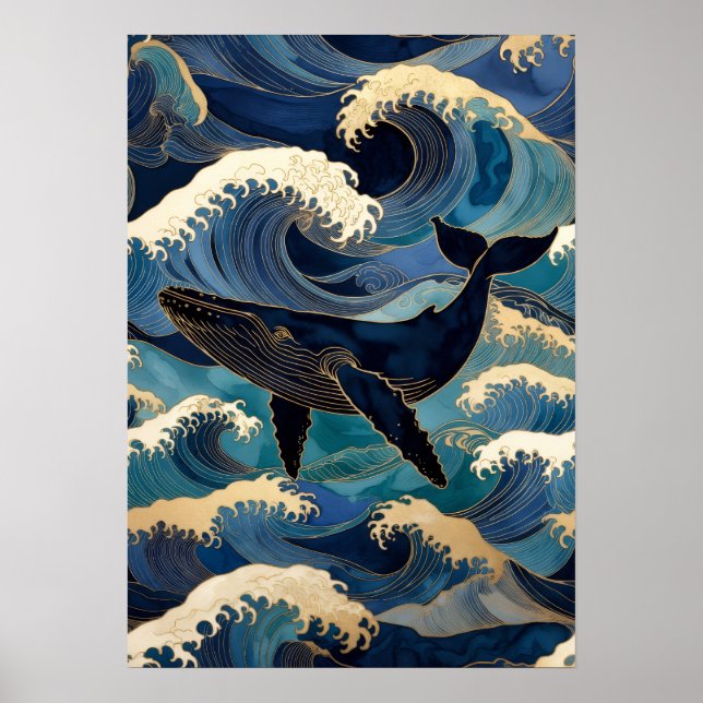 Madagascar Ocean Whale - Blue & Gold Waves |  Poster (Front)