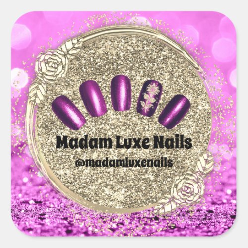 Madam Luxe Nail Glitter Gold Frame Pink Floral Square Sticker