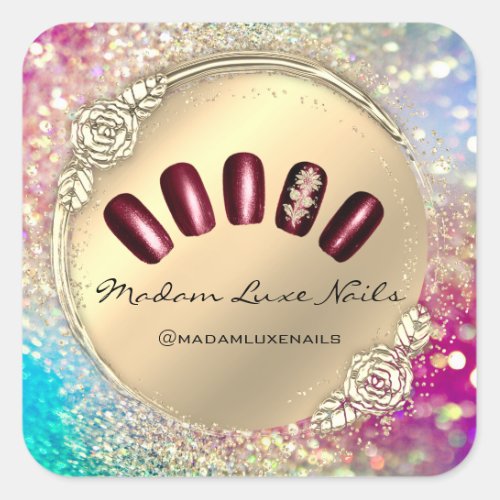 Madam Luxe Nail Glitter Rose Gold Floral Burgundy Square Sticker