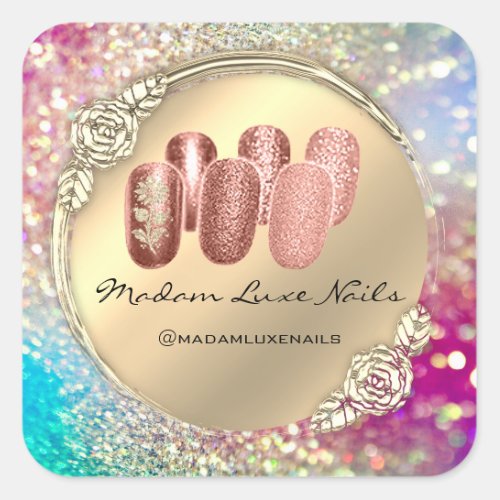 Madam Luxe Nail Glitter Rose Gold Floral Elegant Square Sticker