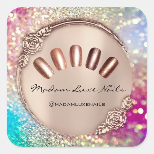 Madam Luxe Nail Glitter Rose Gold Floral Frame Square Sticker