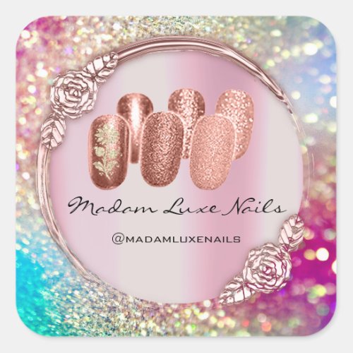 Madam Luxe Nail Glitter Rose Gold Floral Framed Square Sticker