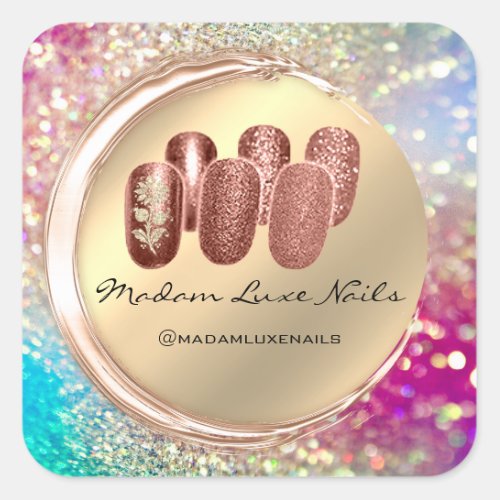 Madam Luxe Nail Glitter Rose Gold Floral Framed Square Sticker