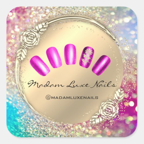 Madam Luxe Nail Glitter Rose Gold Floral Pink Square Sticker