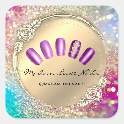 Madam Luxe Nail Glitter Rose Gold Floral Purple Square Sticker