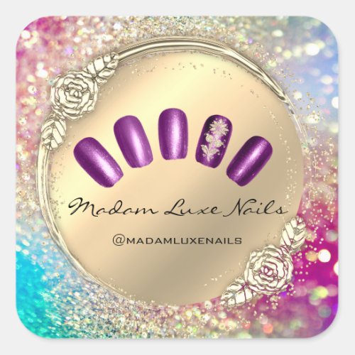 Madam Luxe Nail Glitter Rose Gold Floral Violet Square Sticker