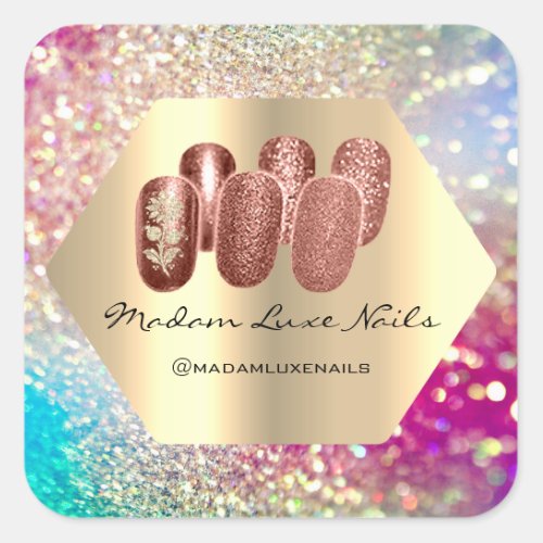 Madam Luxe Nail Glitter Rose Gold Holograph Flower Square Sticker