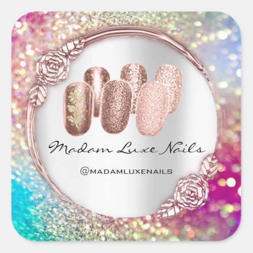 Madam Luxe Nail Glitter Rose Gold Holograph Framed Square Sticker