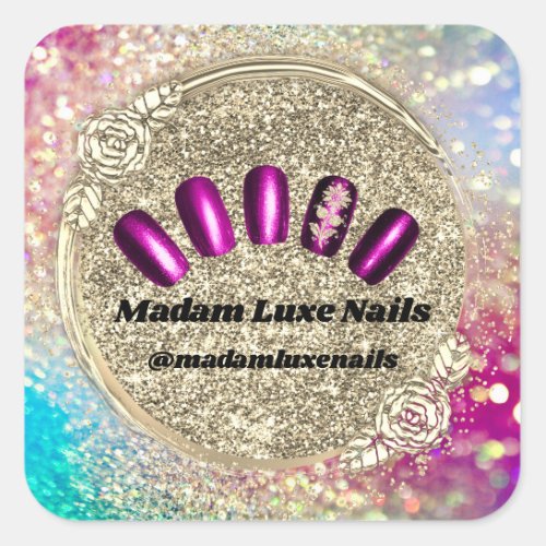 Madam Luxe Nail Glitter Rose Pink Floral Gold Square Sticker