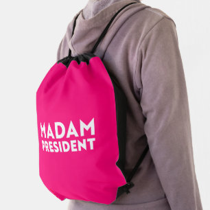Madam President modern typography white hot pink Drawstring Bag