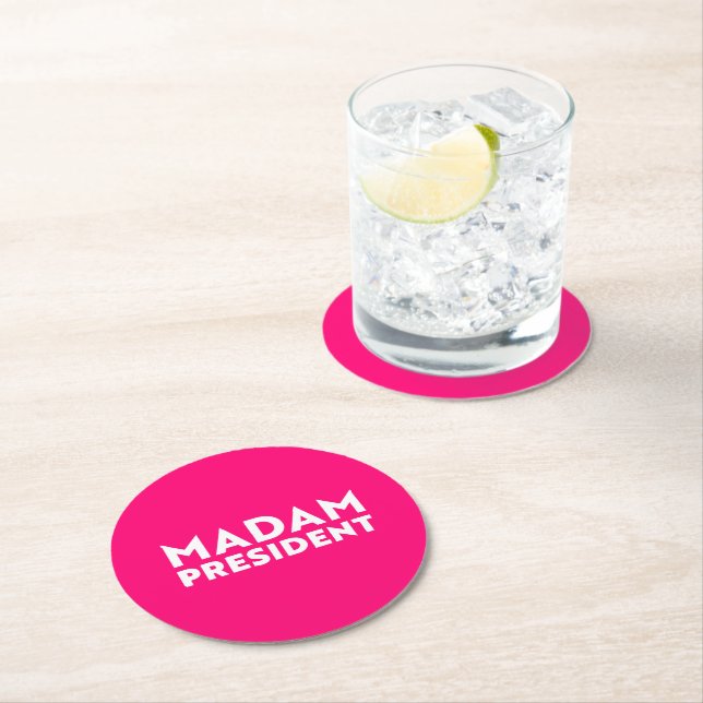 Madam President modern typography white hot pink Round Paper Coaster (Insitu)