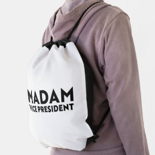 Madam Vice President white black modern typography Drawstring Bag