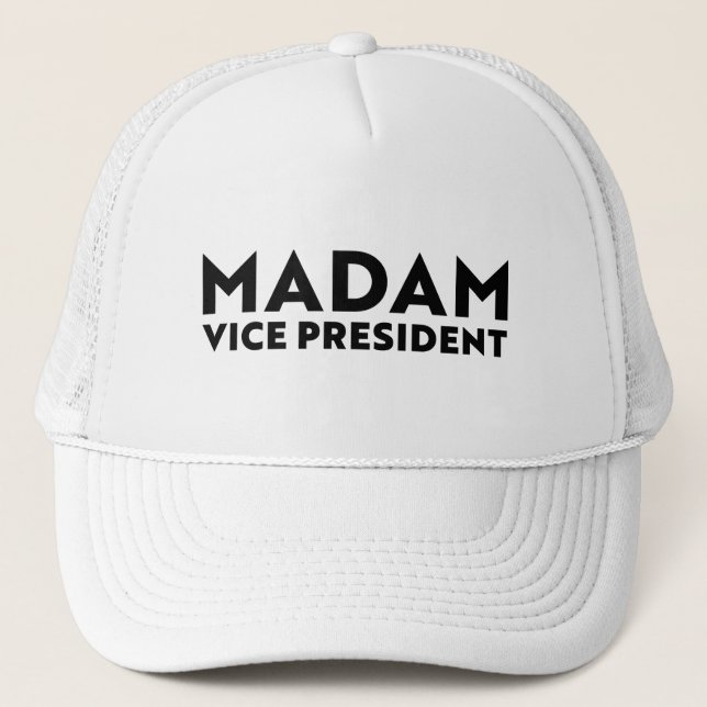 Madam Vice President white black modern typography Trucker Hat (Front)