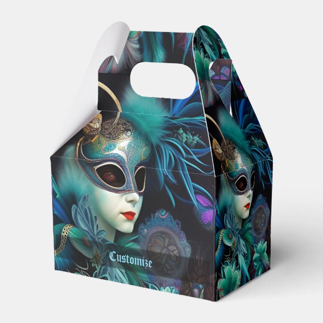 Madame Masquerade Teal Gable Favor Boxes (Front Side)