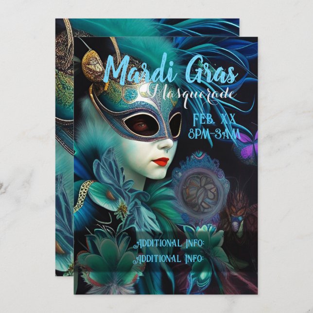 Madame Masquerade Teal  Invitation (Front/Back)