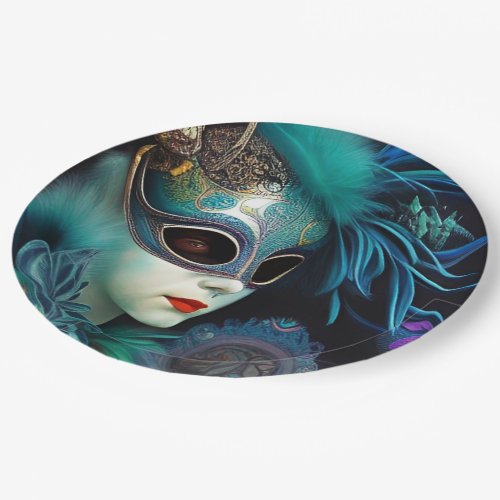 Madame Masquerade Teal  Paper Plates