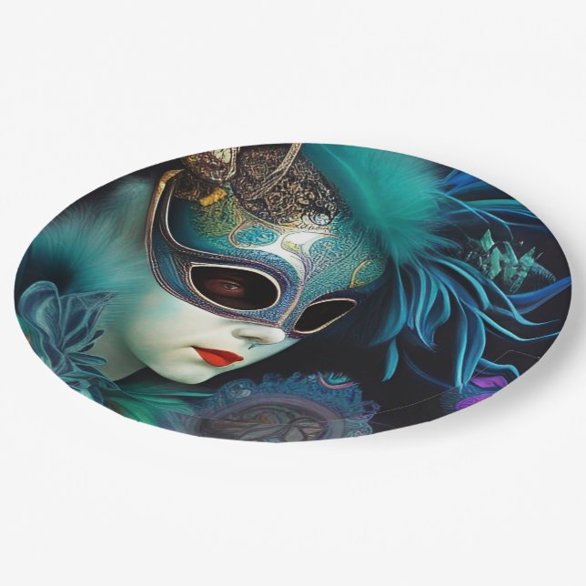 Madame Masquerade Teal  Paper Plates (Angled)
