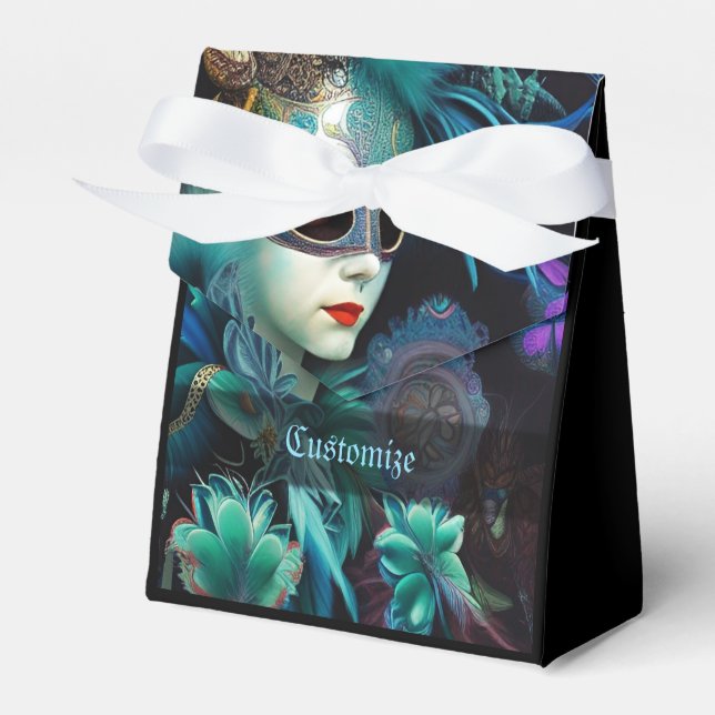 Madame Masquerade Teal Tent Favor Boxes (Front Side)