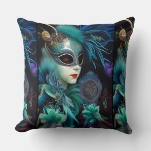 Madame Masquerade Teal Throw Pillow