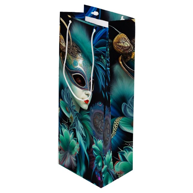 Madame Masquerade Teal  Wine Gift Bag (Front Angled)