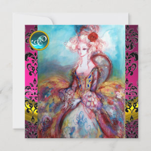 MADAME POMPADOUR,PINK BLACK DAMASK FLOWER MONOGRAM INVITATION