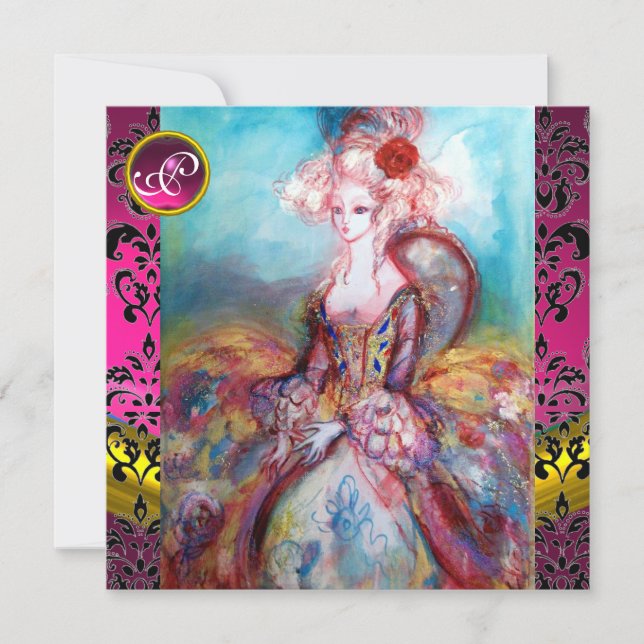 MADAME POMPADOUR,PINK BLACK DAMASK FLOWER MONOGRAM INVITATION (Front)