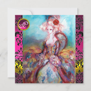 MADAME POMPADOUR,PINK BLACK DAMASK FLOWER MONOGRAM INVITATION