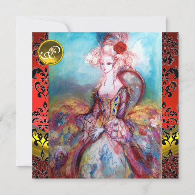 MADAME POMPADOUR ,RED BLACK DAMASK FLOWER MONOGRAM INVITATION (Front)