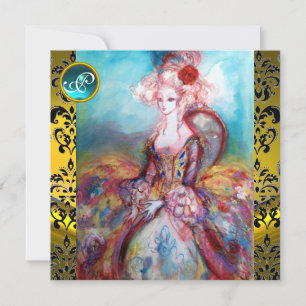 MADAME POMPADOUR YELLOW BLACK DAMASK MONOGRAM INVITATION