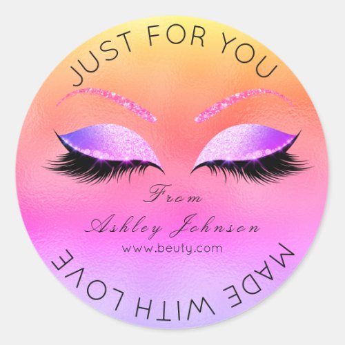 Made By Glitter Lashes Beauty Bright Pink Makeup Classic Round Sticker