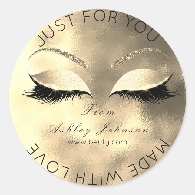 Made By Glitter Lashes Beauty Glam Gold Makeup Classic Round Sticker (Front)
