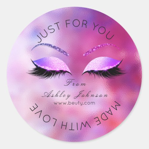 Made By Glitter Lashes Beauty Purple Pink Makeup Classic Round Sticker