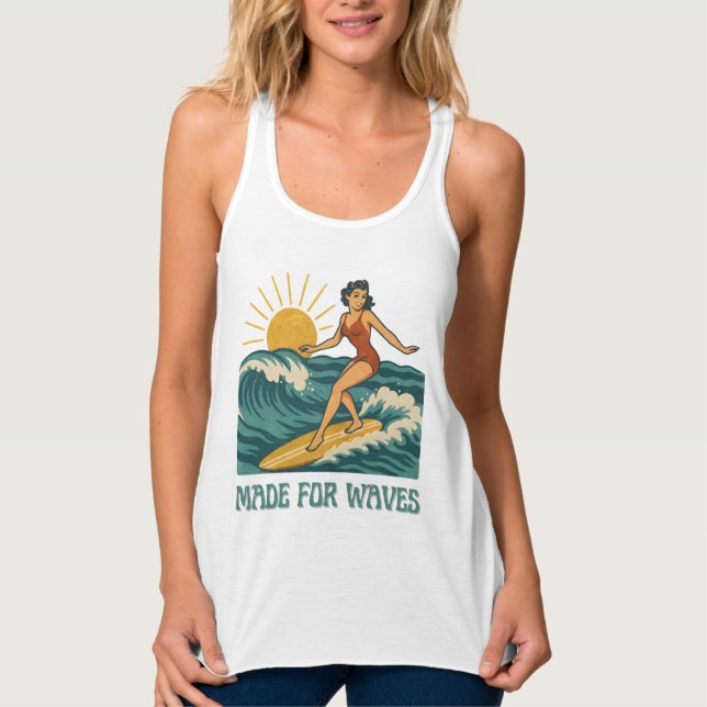 Made For Waves | Retro California Surf Girl Pin-Up Tank Top (Front)