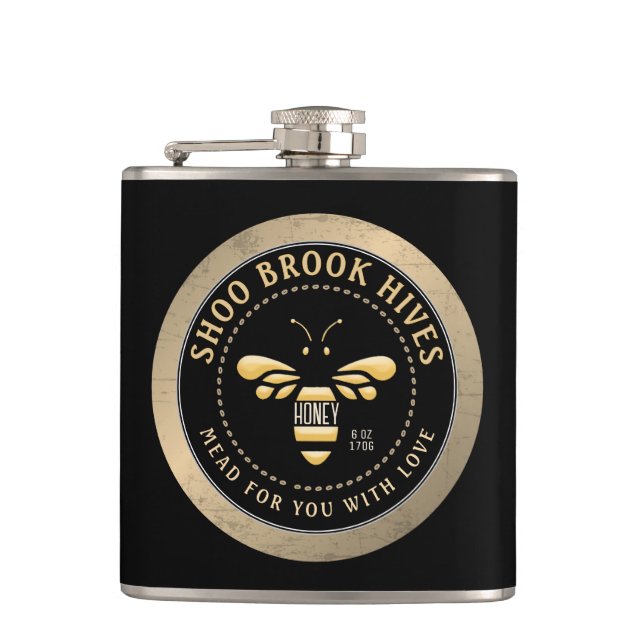 Made for you Apiary Name Copper and Black Honeybee Flask (Front)