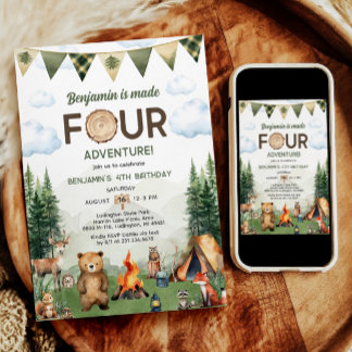 Made Four Adventure Camping 4th Birthday Invitation