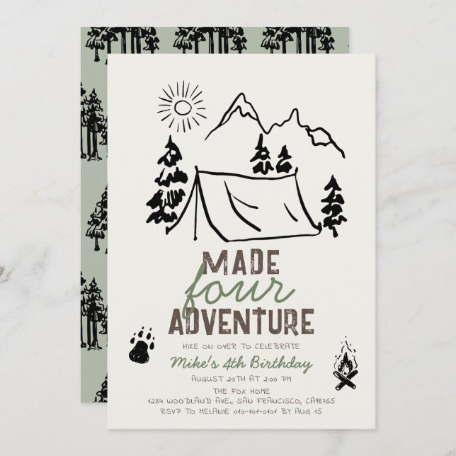 Made Four Adventure Camping Boy 4th Birthday Invitation (Front/Back)