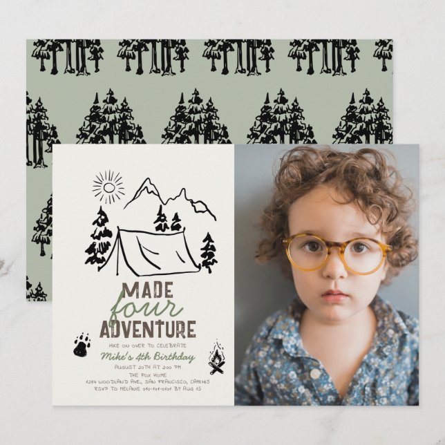 Made Four Adventure Camping Photo Boy 4th Birthday Invitation (Front/Back)