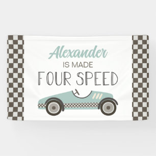 Made FOUR Speed Blue Race Car 4th Birthday Banner