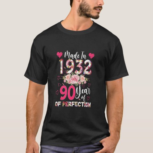 Made In 1932 Floral 90 Year Old 90th Birthday  Wom T_Shirt