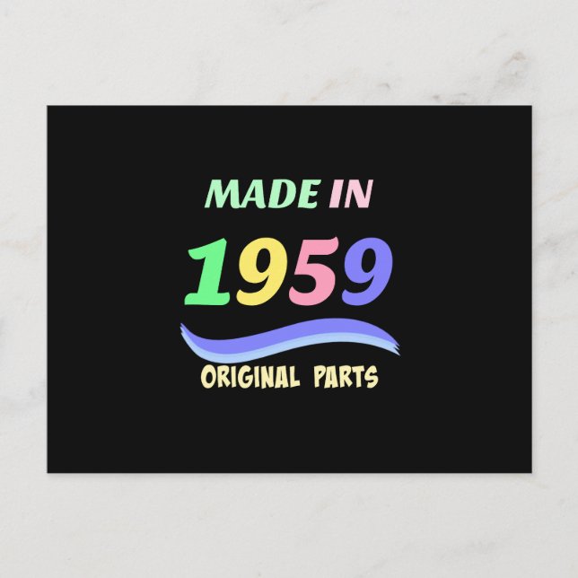 Made in 1959, colorful text design postcard (Front)