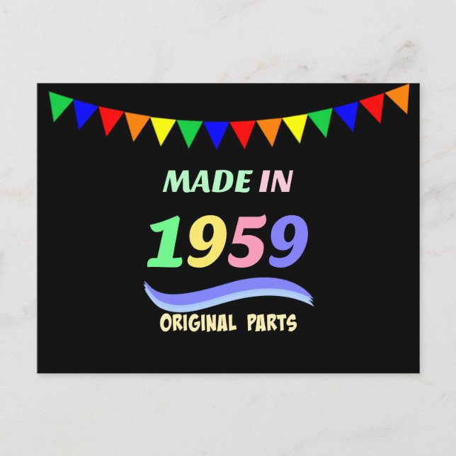 Made in 1959, colorful text design postcard (Front)