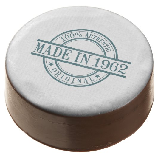 Made in 1962 Circular Rubber Stamp Style Logo Chocolate Covered Oreo (Angled)